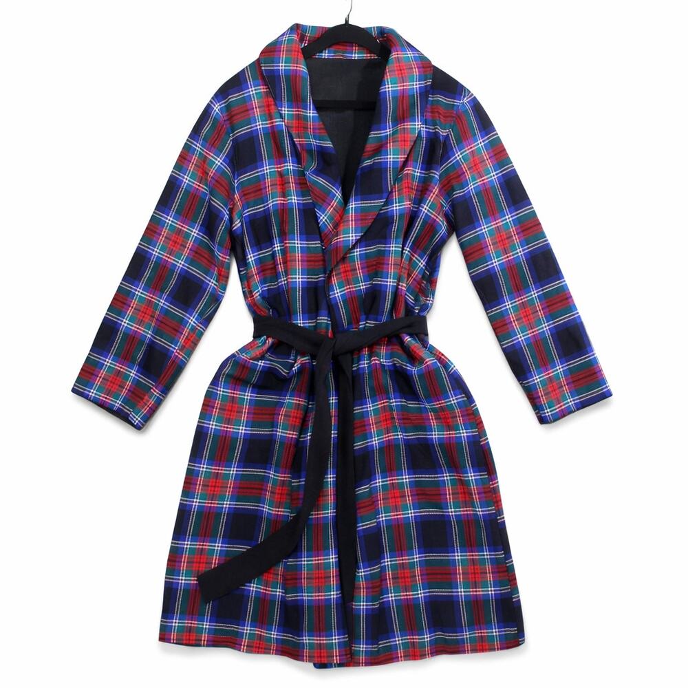 Lands' End Men’s Medium Reversible Plaid Flannel Black Fleece Robe
